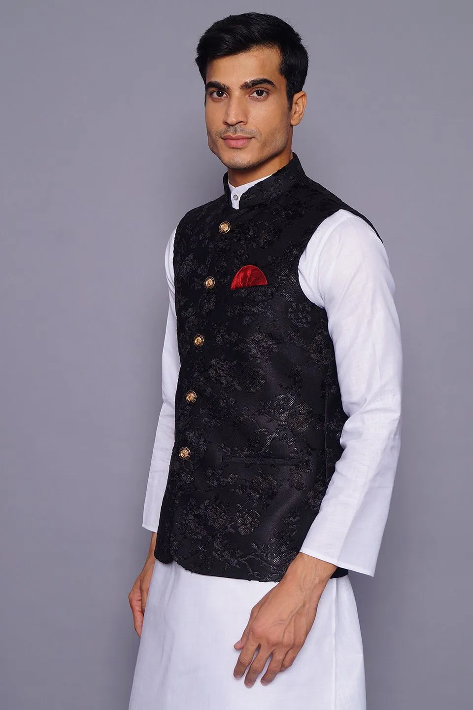 Emroidered Velvet Black Modi Nehru Jacket