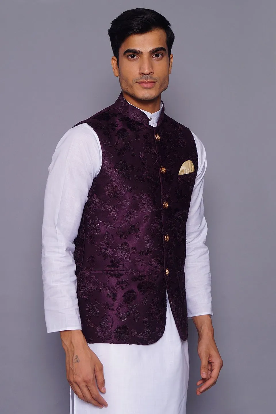 Emroidered Velvet Purple Modi Nehru Jacket