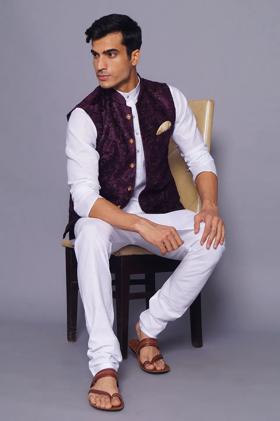 Emroidered Velvet Purple Modi Nehru Jacket