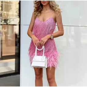 Fashion Tassel Sequin Sling Summer Women's Birthday Party Korean V-neck Feather Splicing Mini Dress