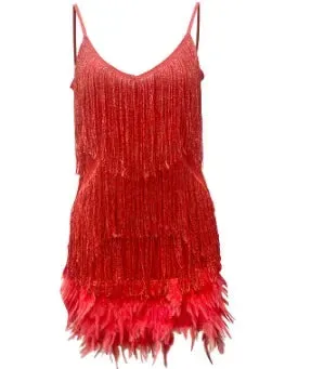 Fashion Tassel Sequin Sling Summer Women's Birthday Party Korean V-neck Feather Splicing Mini Dress