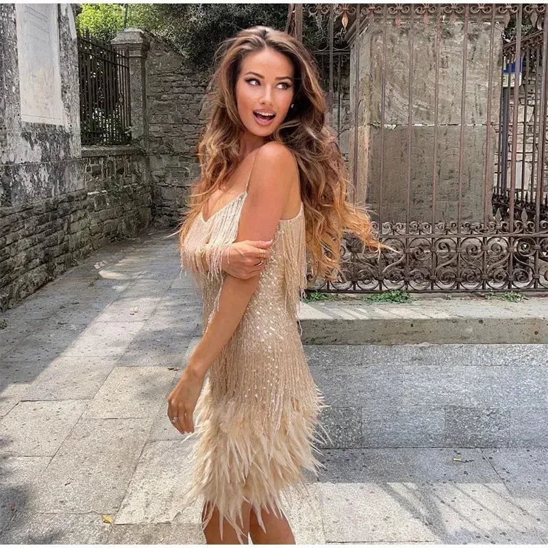 Fashion Tassel Sequin Sling Summer Women's Birthday Party Korean V-neck Feather Splicing Mini Dress