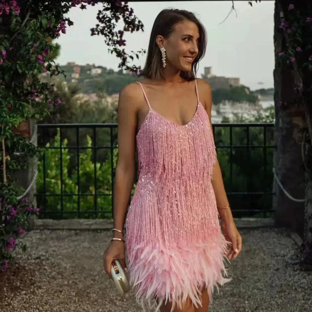 Fashion Tassel Sequin Sling Summer Women's Birthday Party Korean V-neck Feather Splicing Mini Dress