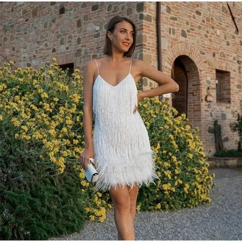 Fashion Tassel Sequin Sling Summer Women's Birthday Party Korean V-neck Feather Splicing Mini Dress