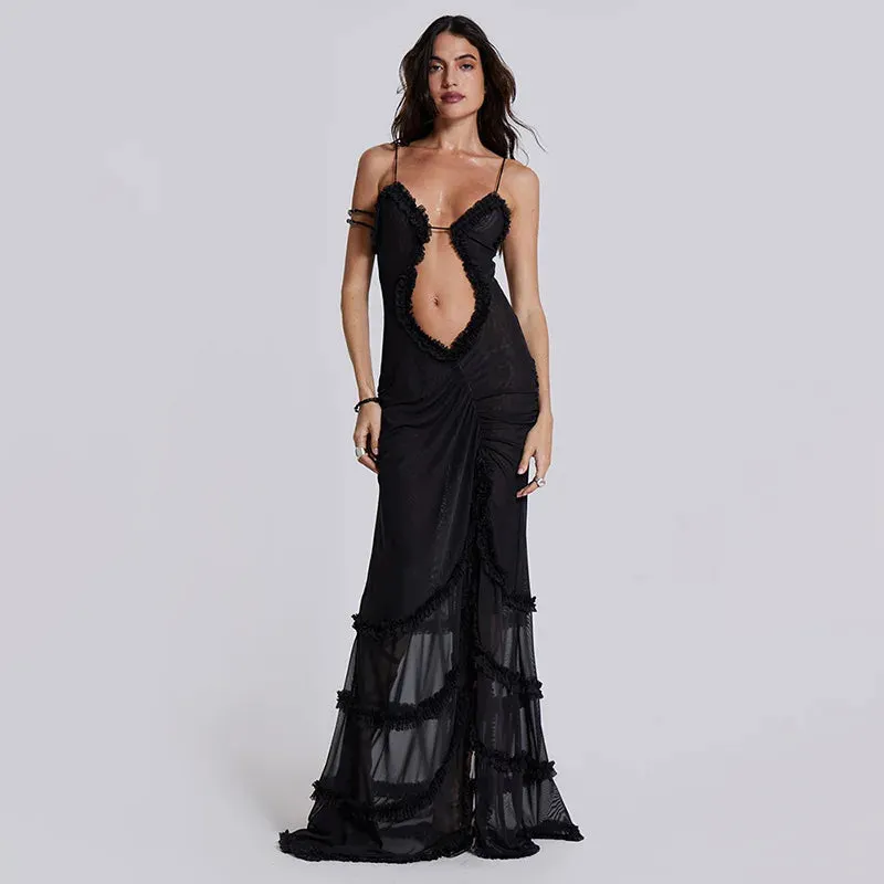 Fashionkova Women Noble Furry Halter Sleeveless Hollow Dress Camisole Shrunk Split Wave Cut Dress Luxury Prom Occasion Evening Gown