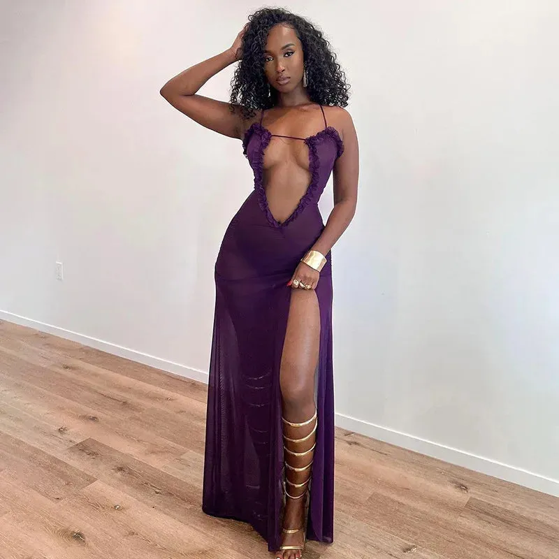 Fashionkova Women Noble Furry Halter Sleeveless Hollow Dress Camisole Shrunk Split Wave Cut Dress Luxury Prom Occasion Evening Gown
