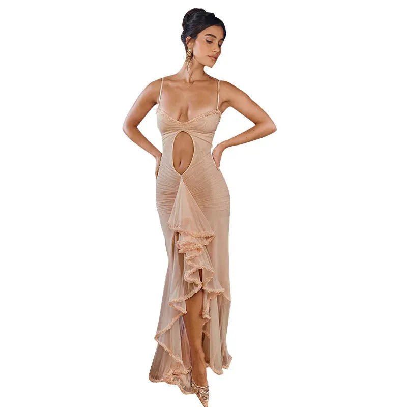 Fashionkova Women Noble Furry Halter Sleeveless Hollow Dress Camisole Shrunk Split Wave Cut Dress Luxury Prom Occasion Evening Gown