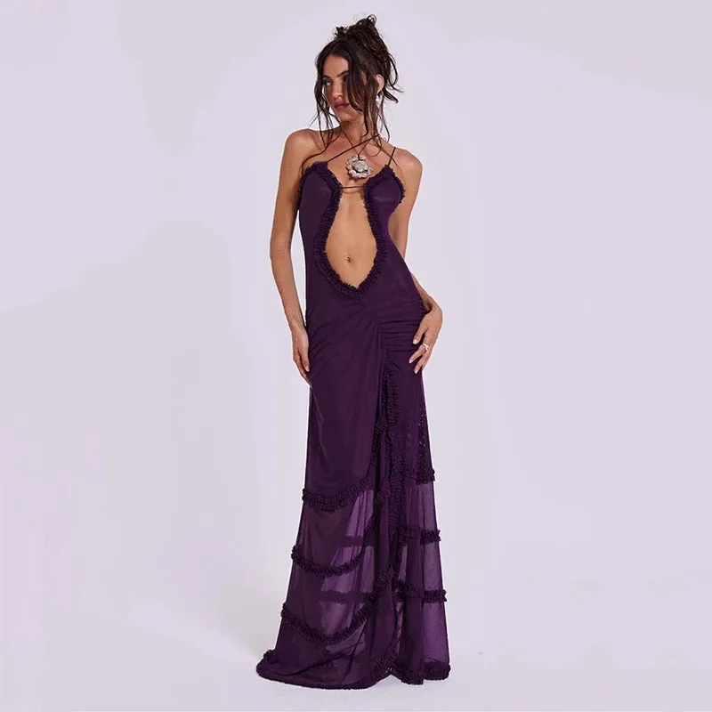 Fashionkova Women Noble Furry Halter Sleeveless Hollow Dress Camisole Shrunk Split Wave Cut Dress Luxury Prom Occasion Evening Gown
