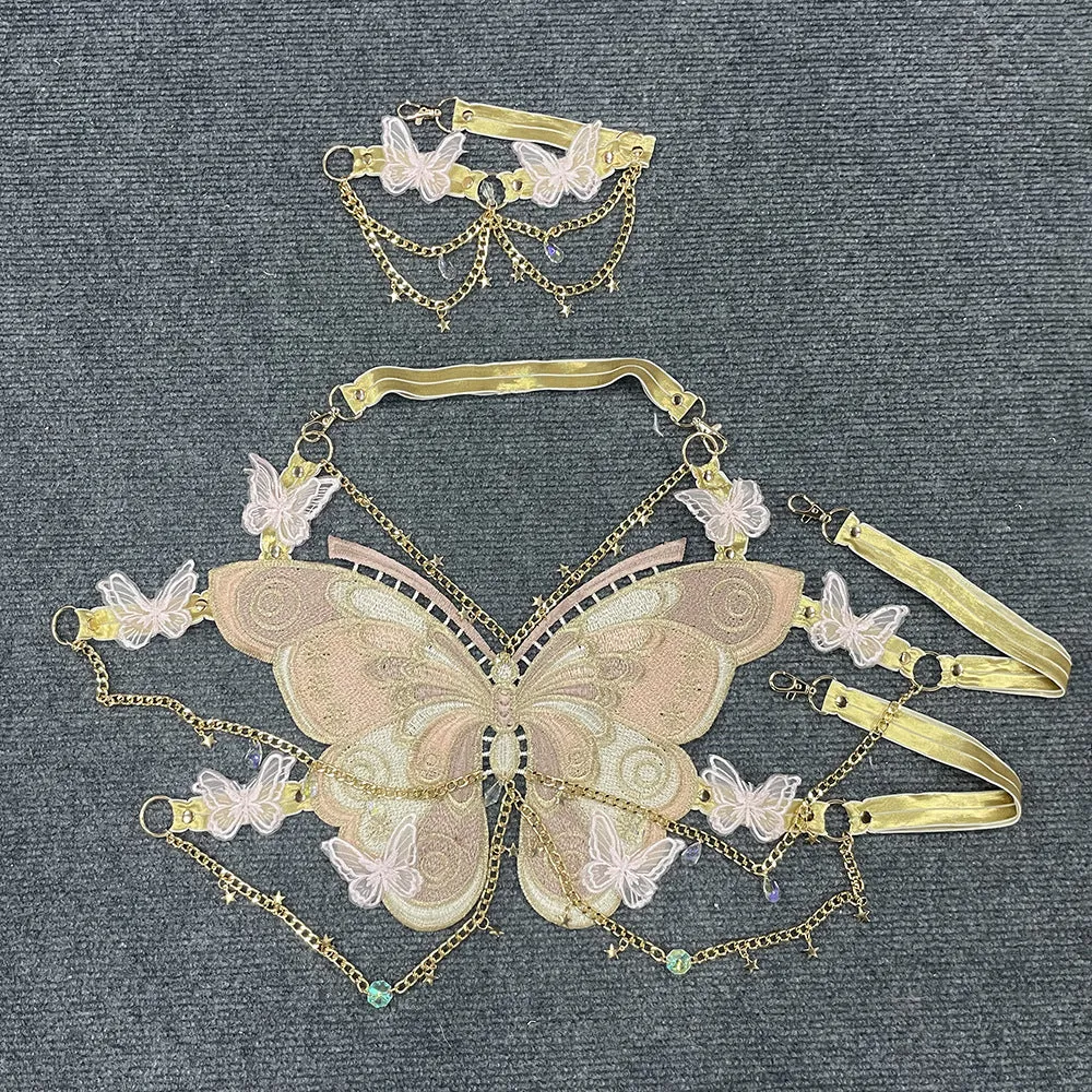 Fashionkova y2k Trendy Embroidered Butterfly Stitching Metal Crystal Ornaments Ultra Short Camisole