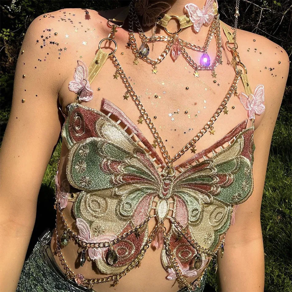 Fashionkova y2k Trendy Embroidered Butterfly Stitching Metal Crystal Ornaments Ultra Short Camisole