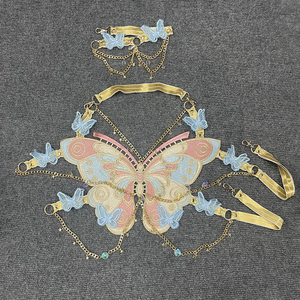 Fashionkova y2k Trendy Embroidered Butterfly Stitching Metal Crystal Ornaments Ultra Short Camisole