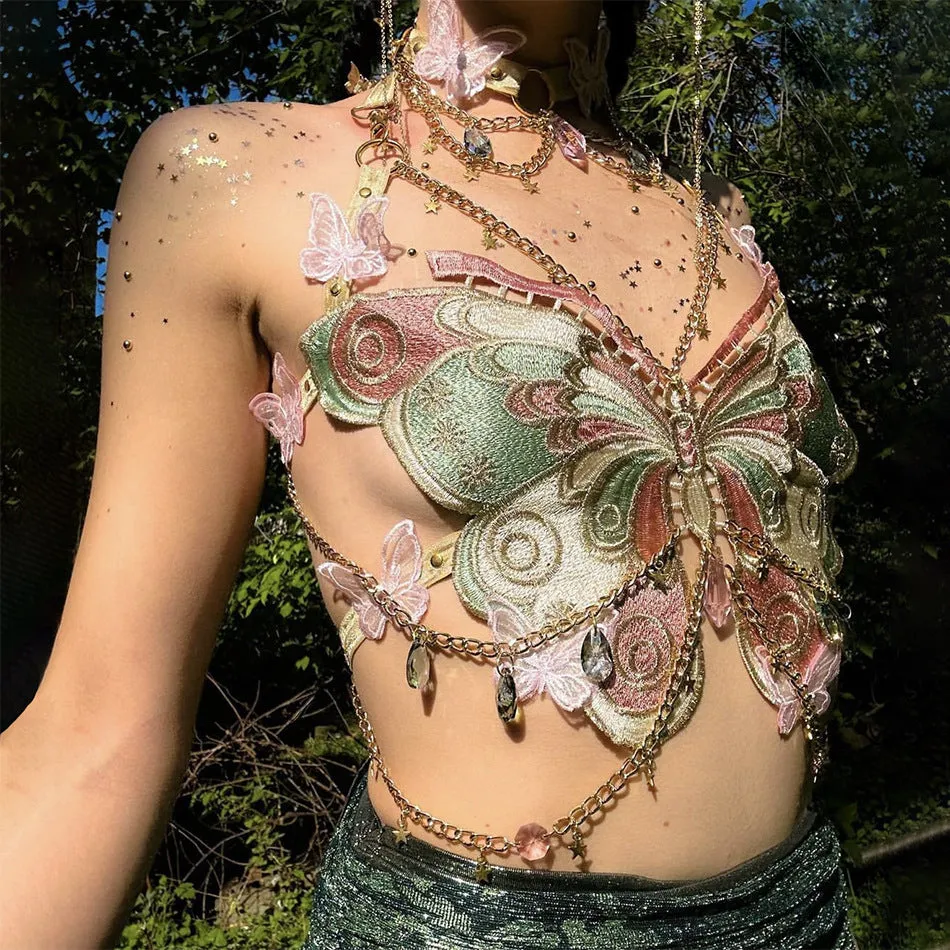 Fashionkova y2k Trendy Embroidered Butterfly Stitching Metal Crystal Ornaments Ultra Short Camisole