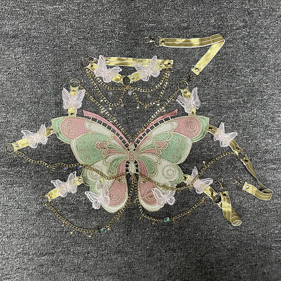 Fashionkova y2k Trendy Embroidered Butterfly Stitching Metal Crystal Ornaments Ultra Short Camisole