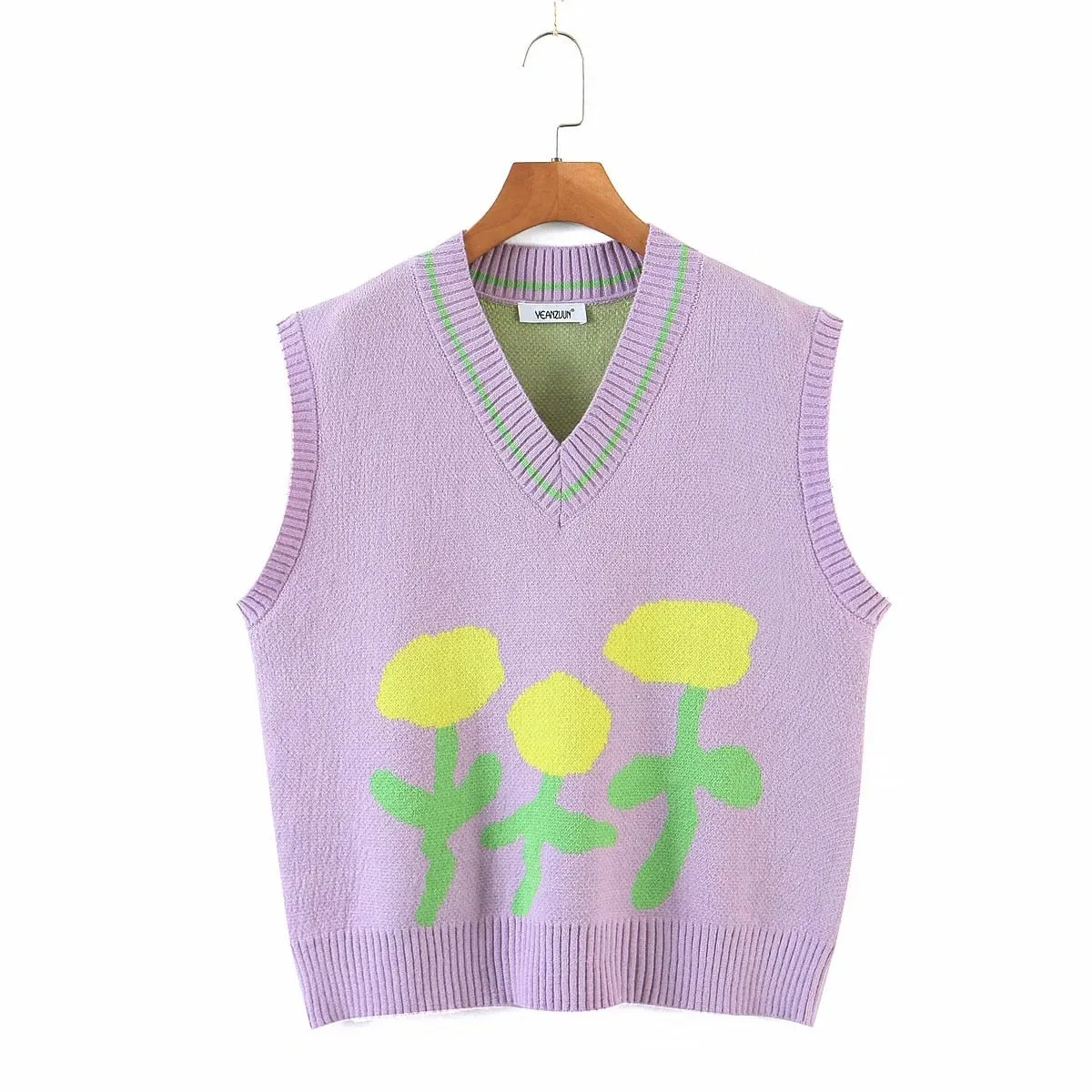 Floral Print Knitted Sleeveless Sweater Women Vest Spring Autumn V Neck Waistcoat Pullovers Green High Fashion Vintage Tops