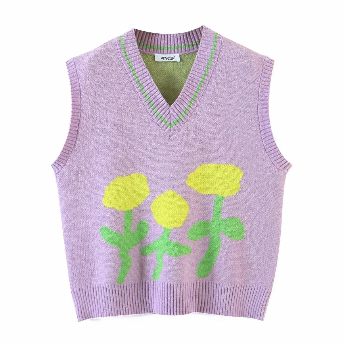 Floral Print Knitted Sleeveless Sweater Women Vest Spring Autumn V Neck Waistcoat Pullovers Green High Fashion Vintage Tops