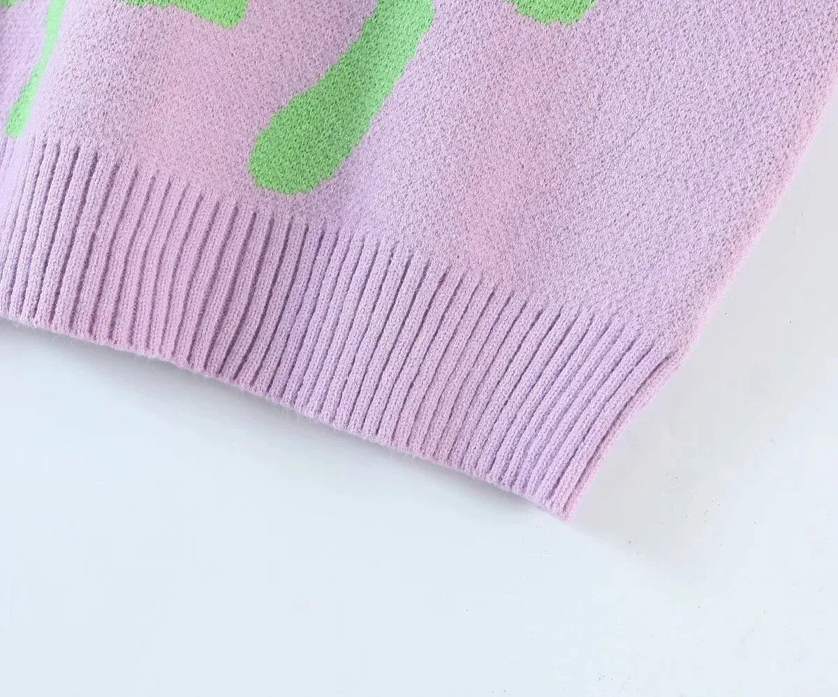 Floral Print Knitted Sleeveless Sweater Women Vest Spring Autumn V Neck Waistcoat Pullovers Green High Fashion Vintage Tops