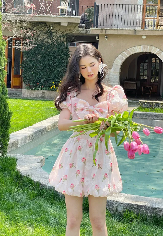 FLYTONN-spring summer dress Vacation photography outfits Pink Tulip Bow Romper ~