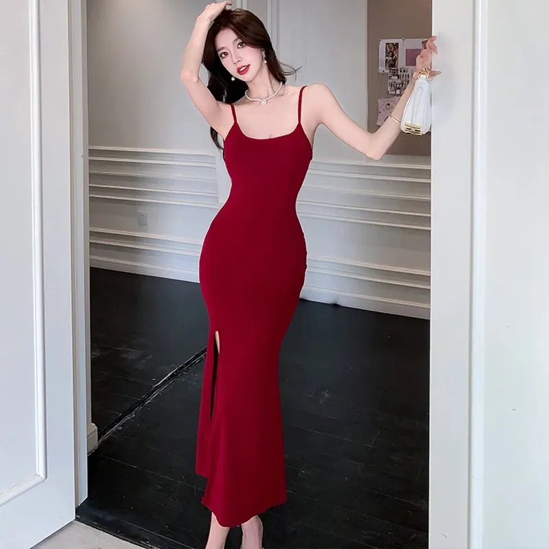 Girlary Korean Luxury Elegant Lace Backless Sexy Long Dress for Women Summer Red Fashion Sling Prom Dress 2024 Vintage Bodycon Vestidos