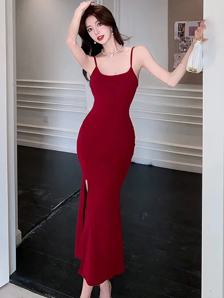 Girlary Korean Luxury Elegant Lace Backless Sexy Long Dress for Women Summer Red Fashion Sling Prom Dress 2024 Vintage Bodycon Vestidos