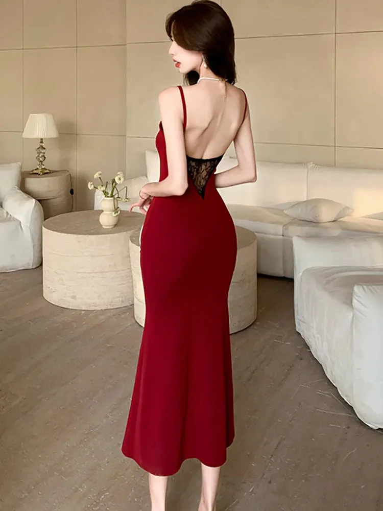 Girlary Korean Luxury Elegant Lace Backless Sexy Long Dress for Women Summer Red Fashion Sling Prom Dress 2024 Vintage Bodycon Vestidos