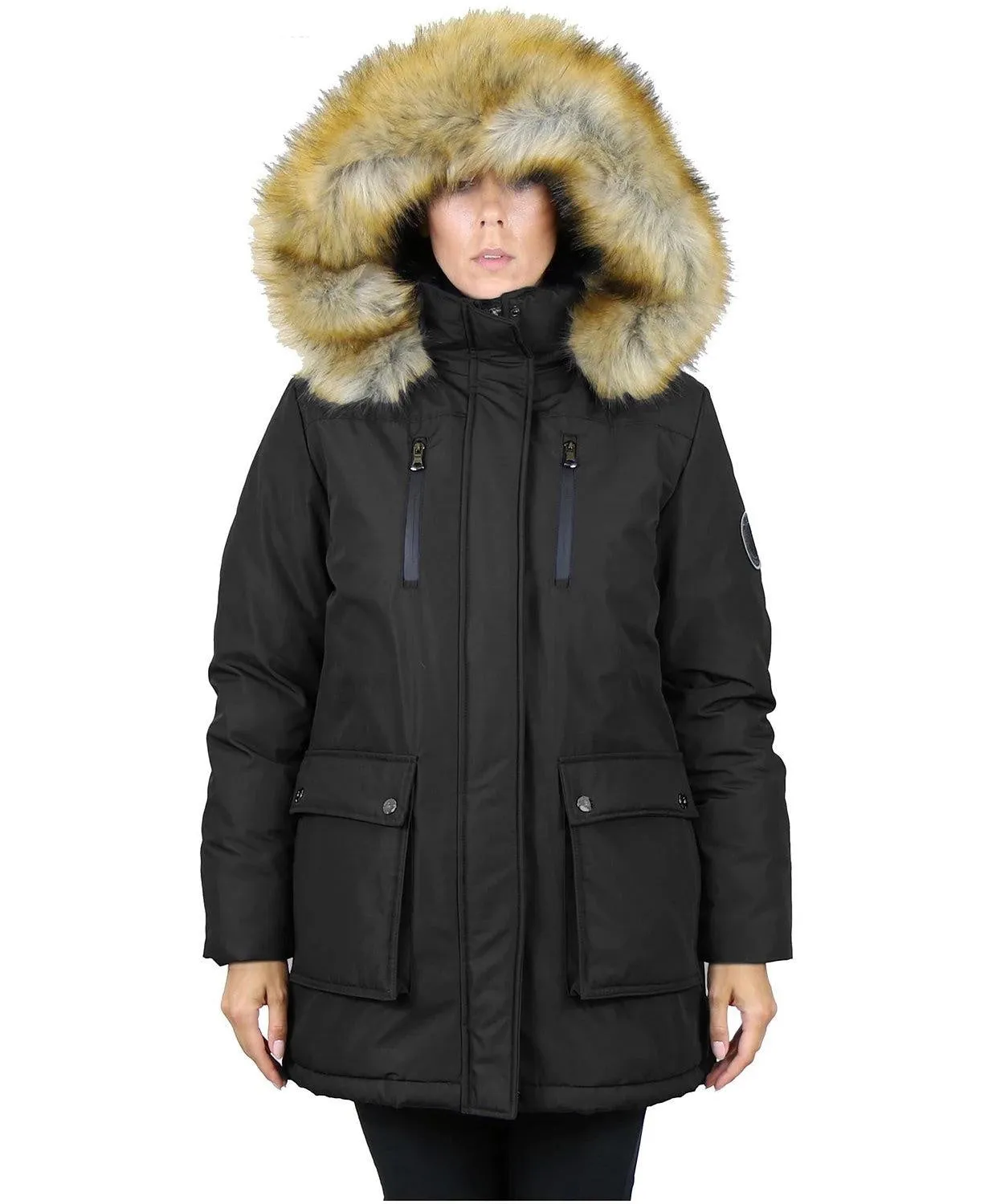 Heavyweight Black Parka with Brown Faux Fur Trim
