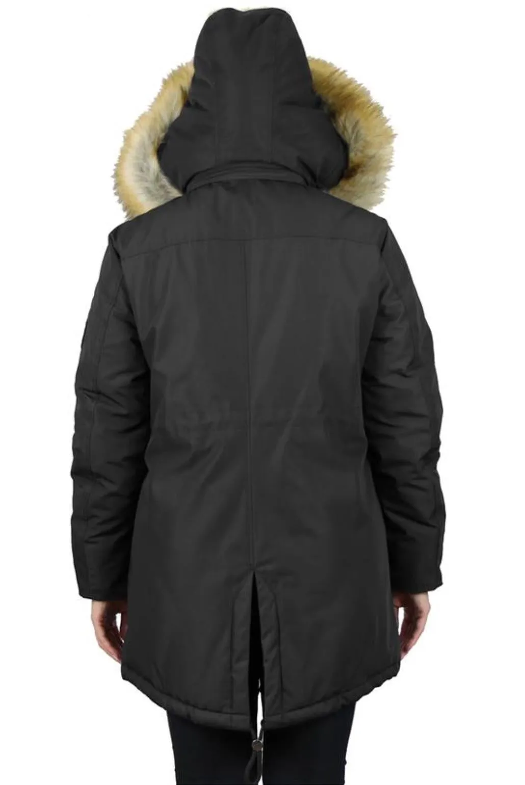 Heavyweight Black Parka with Brown Faux Fur Trim