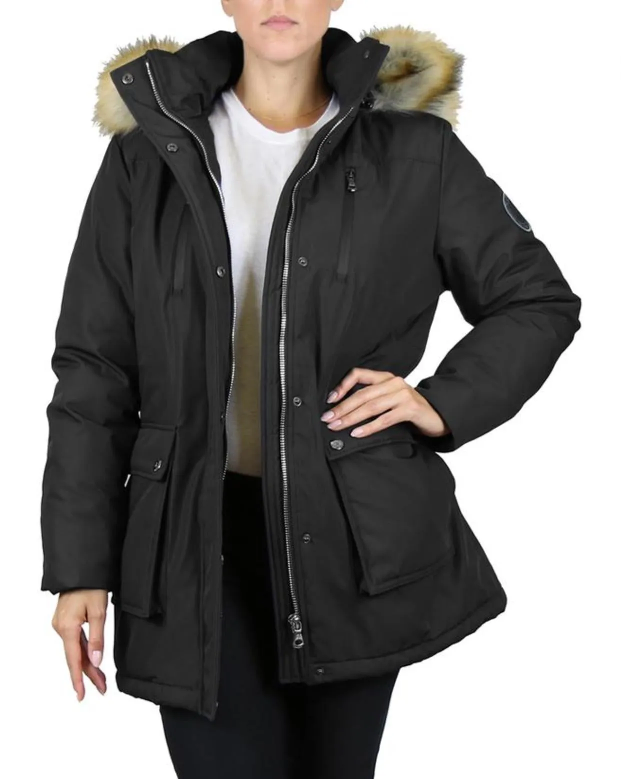 Heavyweight Black Parka with Brown Faux Fur Trim