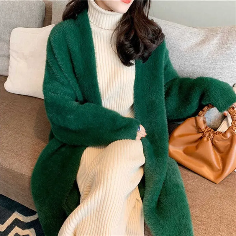 Joskaa 2024 fall fashion trends Korean Style Autumn and Winter New Style Faux Mink Velvet Sweater Women's Cardigan Outer Wear over the Knee Long Loose Overcoat Women's Coat