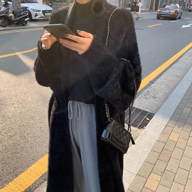 Joskaa 2024 fall fashion trends Korean Style Autumn and Winter New Style Faux Mink Velvet Sweater Women's Cardigan Outer Wear over the Knee Long Loose Overcoat Women's Coat