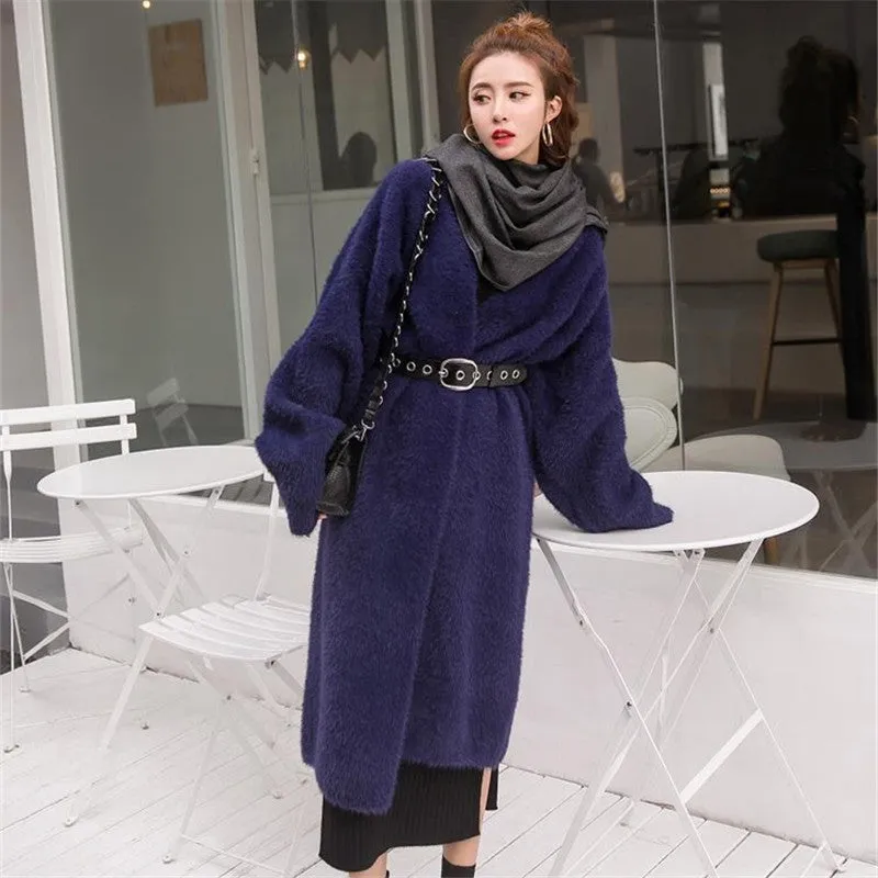 Joskaa 2024 fall fashion trends Korean Style Autumn and Winter New Style Faux Mink Velvet Sweater Women's Cardigan Outer Wear over the Knee Long Loose Overcoat Women's Coat