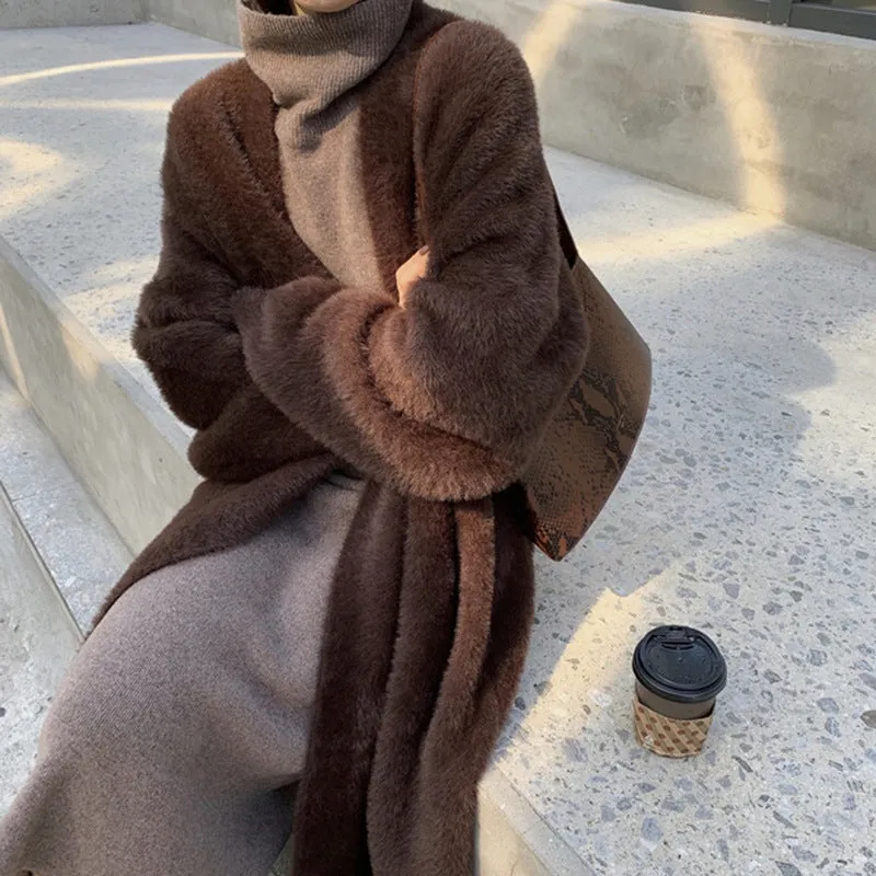 Joskaa 2024 fall fashion trends Korean Style Autumn and Winter New Style Faux Mink Velvet Sweater Women's Cardigan Outer Wear over the Knee Long Loose Overcoat Women's Coat