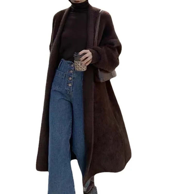 Joskaa 2024 fall fashion trends Korean Style Autumn and Winter New Style Faux Mink Velvet Sweater Women's Cardigan Outer Wear over the Knee Long Loose Overcoat Women's Coat