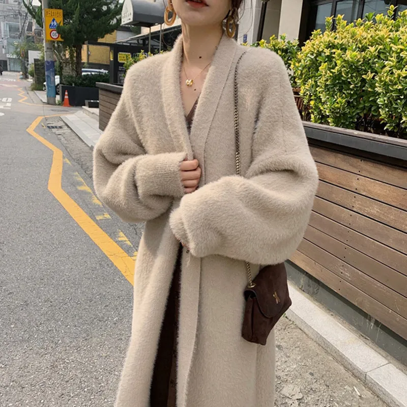 Joskaa 2024 fall fashion trends Korean Style Autumn and Winter New Style Faux Mink Velvet Sweater Women's Cardigan Outer Wear over the Knee Long Loose Overcoat Women's Coat