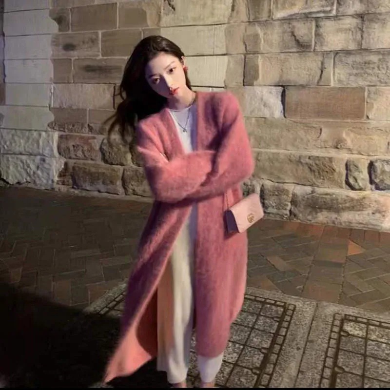 Joskaa 2024 fall fashion trends Korean Style Autumn and Winter New Style Faux Mink Velvet Sweater Women's Cardigan Outer Wear over the Knee Long Loose Overcoat Women's Coat