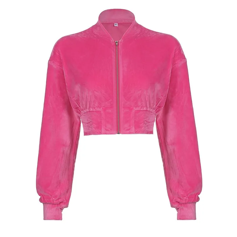 Joskaa HEYounGIRL Velvet Heart Print Cropped Top Bomber Jacket Women Autumn Cute Pink Long Sleeve Coats Zipper Winter 90s Overcoat