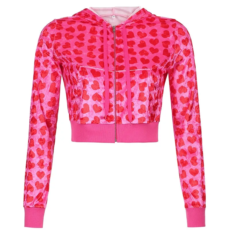 Joskaa HEYounGIRL Velvet Heart Print Cropped Top Bomber Jacket Women Autumn Cute Pink Long Sleeve Coats Zipper Winter 90s Overcoat