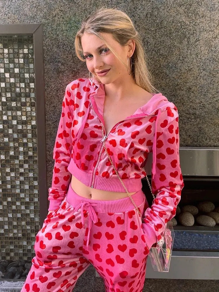 Joskaa HEYounGIRL Velvet Heart Print Cropped Top Bomber Jacket Women Autumn Cute Pink Long Sleeve Coats Zipper Winter 90s Overcoat