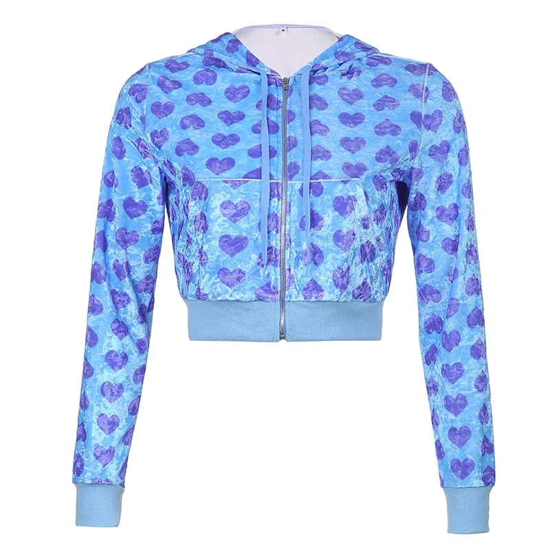 Joskaa HEYounGIRL Velvet Heart Print Cropped Top Bomber Jacket Women Autumn Cute Pink Long Sleeve Coats Zipper Winter 90s Overcoat