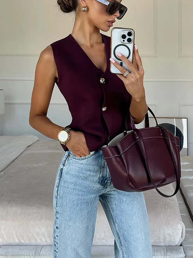 Joskaa Sleeveless Knitted Solid V-neck Women's Cardigan Single Breasted Casual Vest Cardigans 2024 Autumn Winter Ladies Street Sweaters
