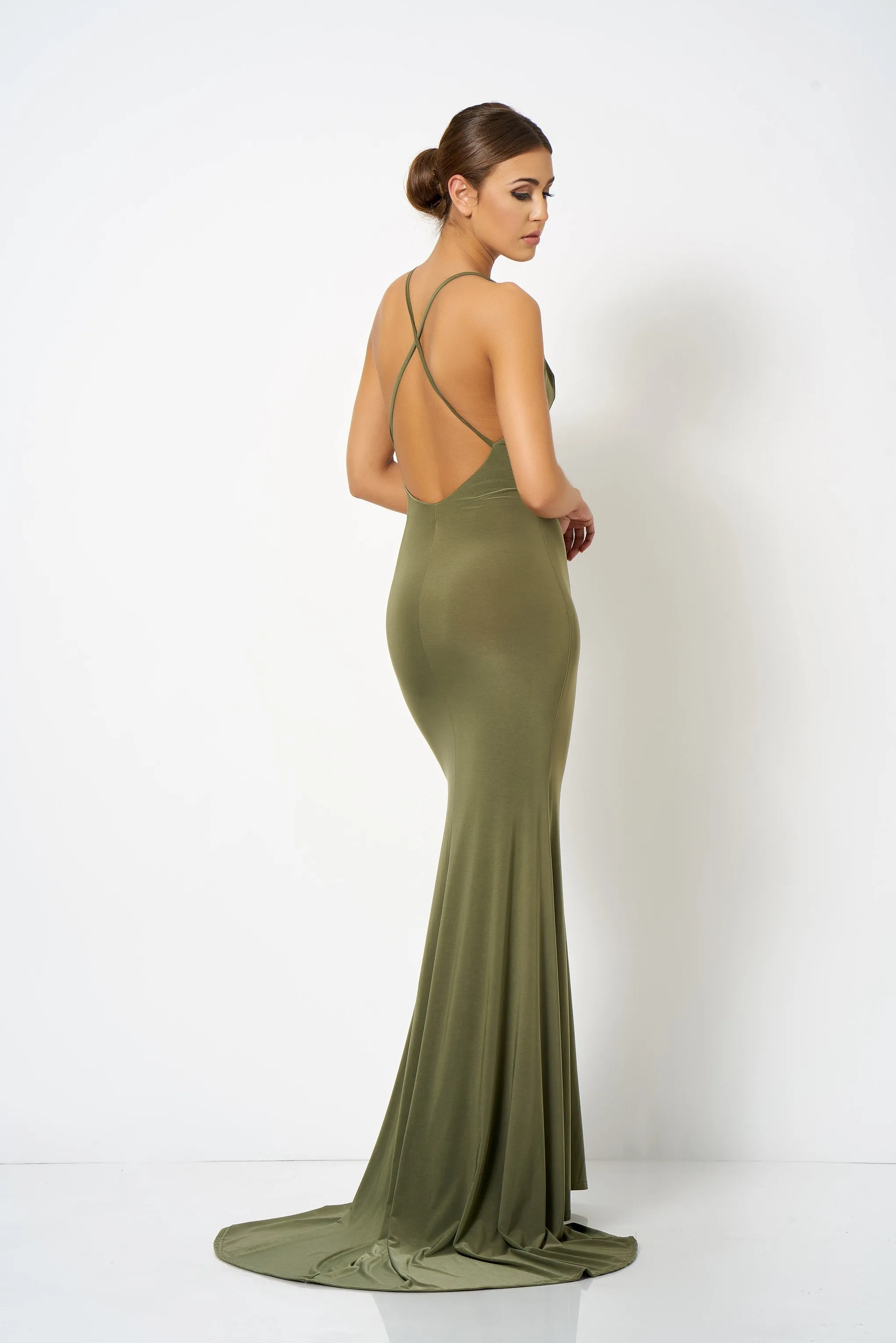 Khaki Cross Back Fishtail Maxi Dress