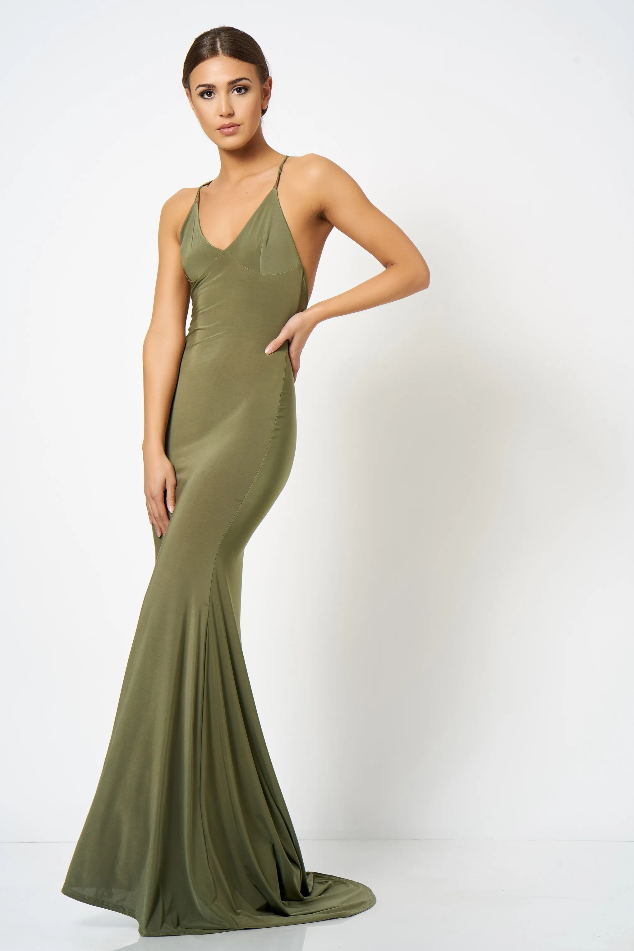 Khaki Cross Back Fishtail Maxi Dress