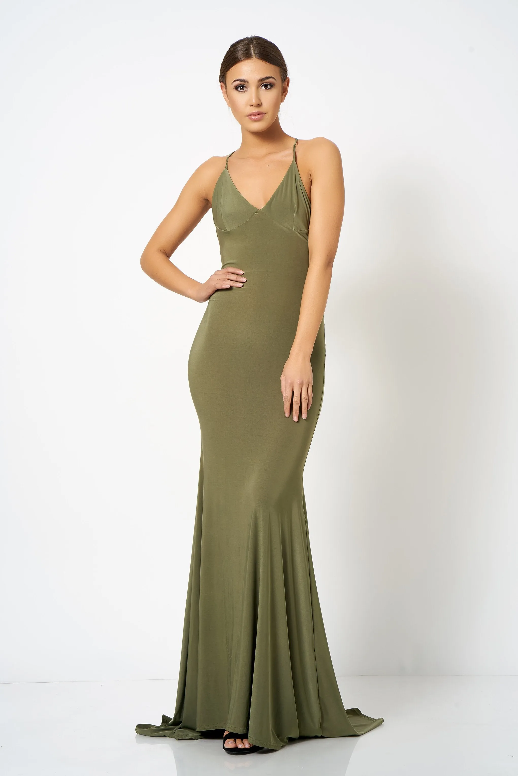 Khaki Cross Back Fishtail Maxi Dress