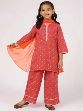Kids Red Printed Cotton Straight Kurta With Palazzos & Dupatta