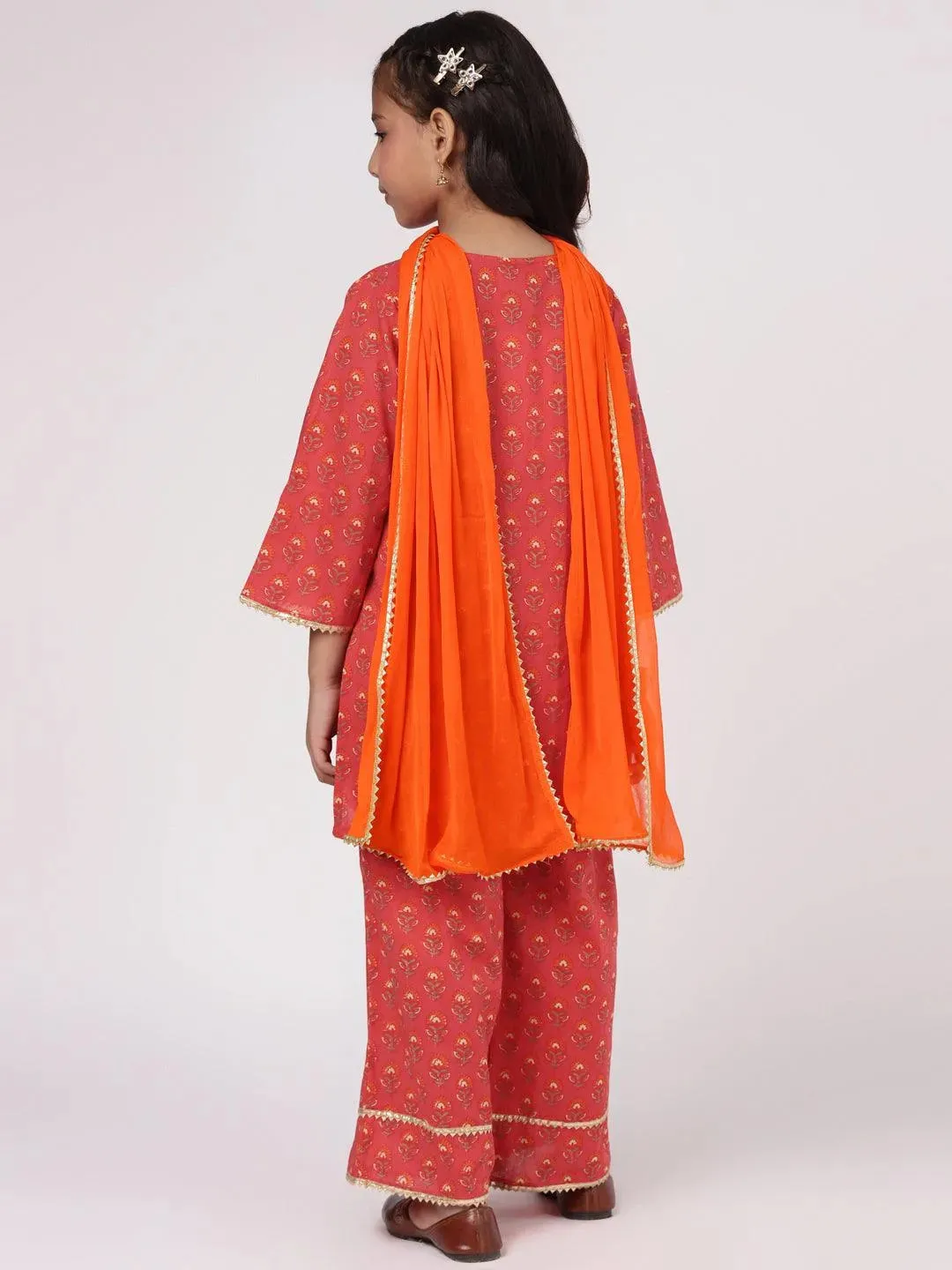 Kids Red Printed Cotton Straight Kurta With Palazzos & Dupatta