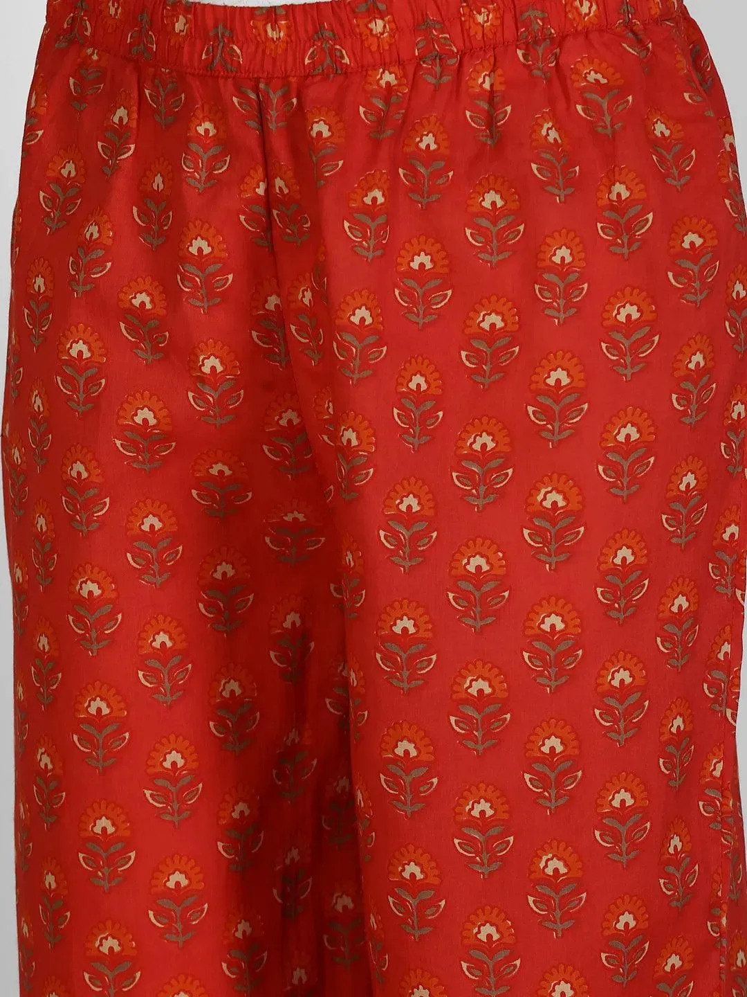 Kids Red Printed Cotton Straight Kurta With Palazzos & Dupatta