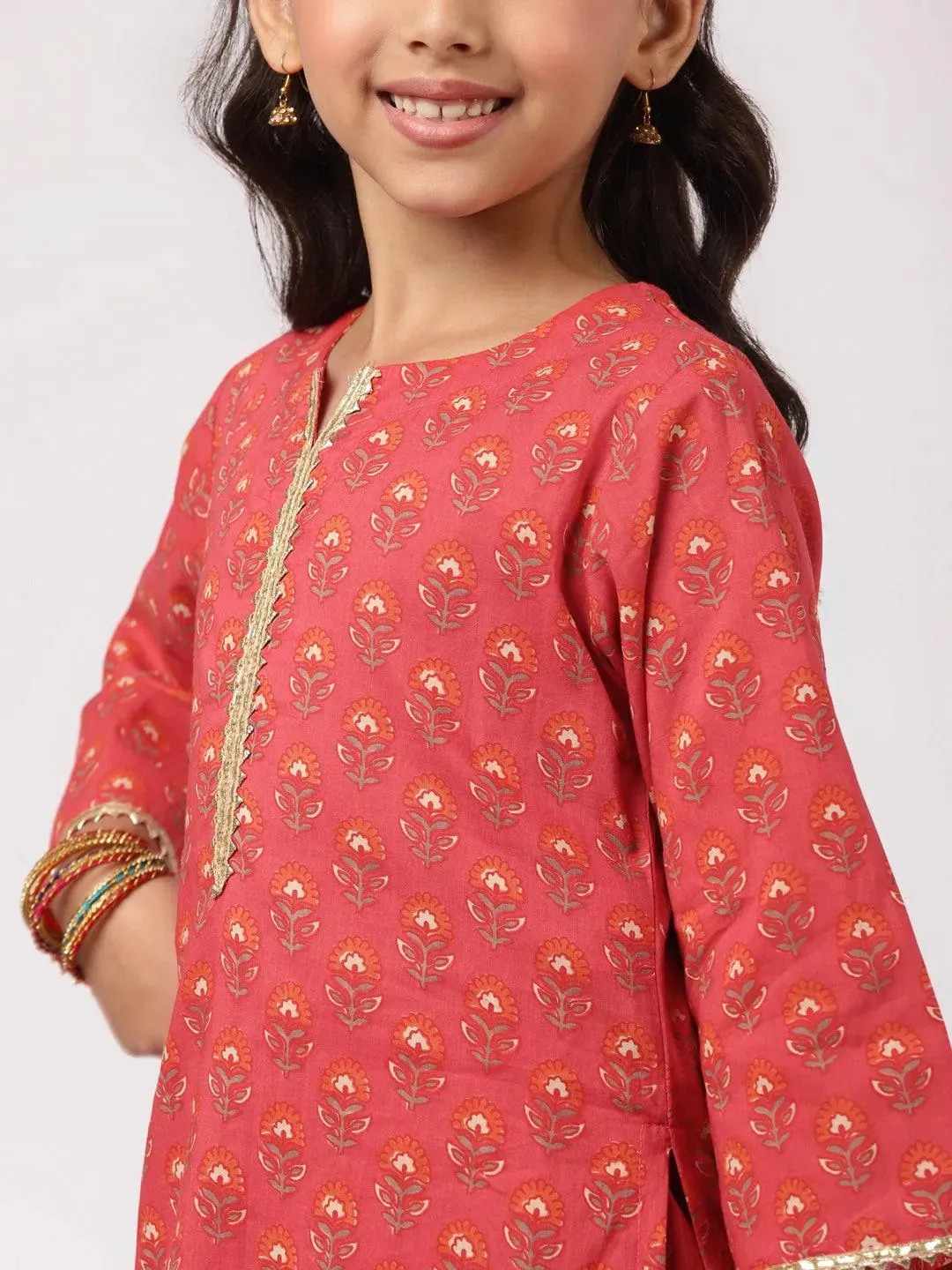 Kids Red Printed Cotton Straight Kurta With Palazzos & Dupatta