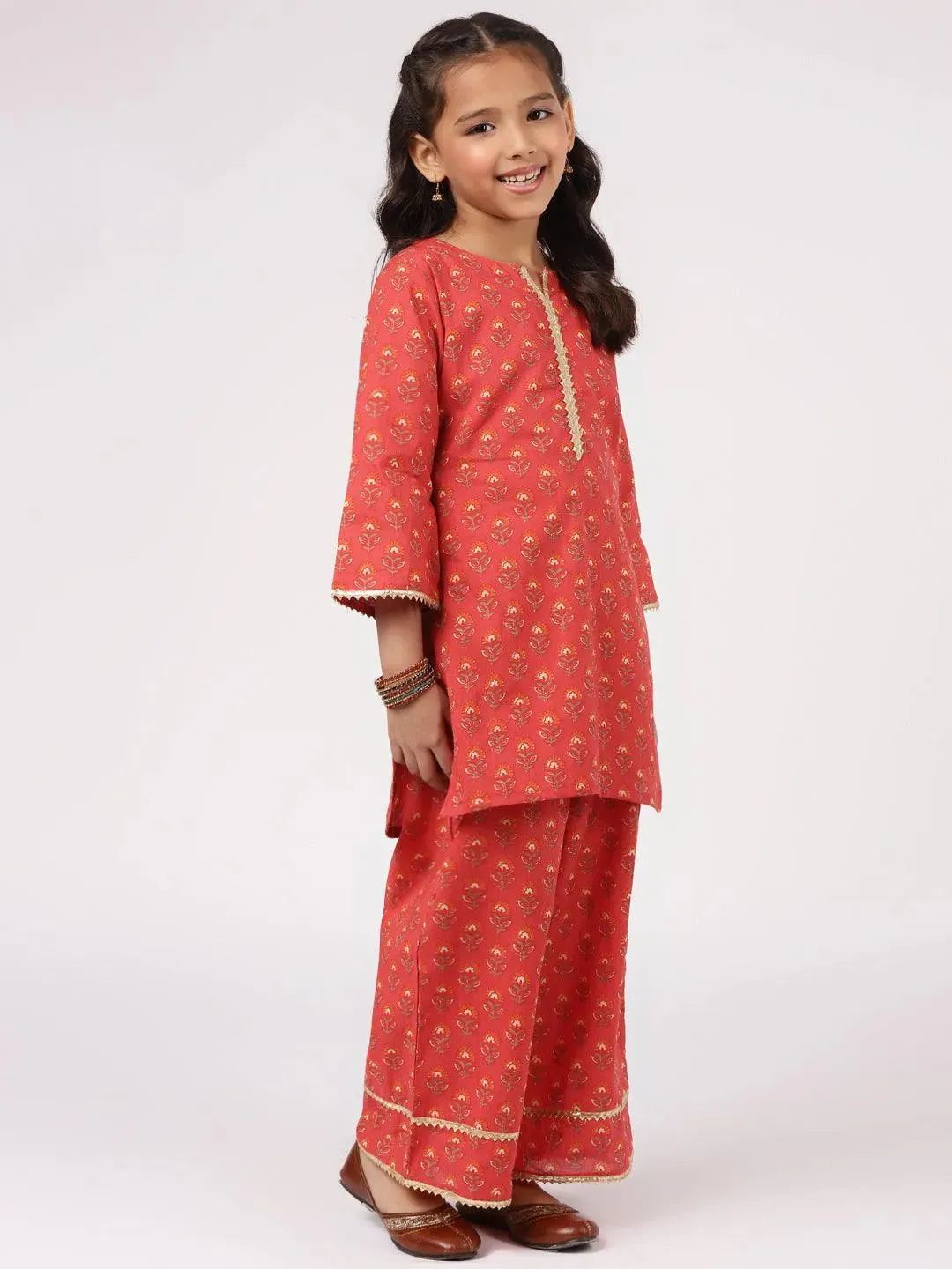 Kids Red Printed Cotton Straight Kurta With Palazzos & Dupatta