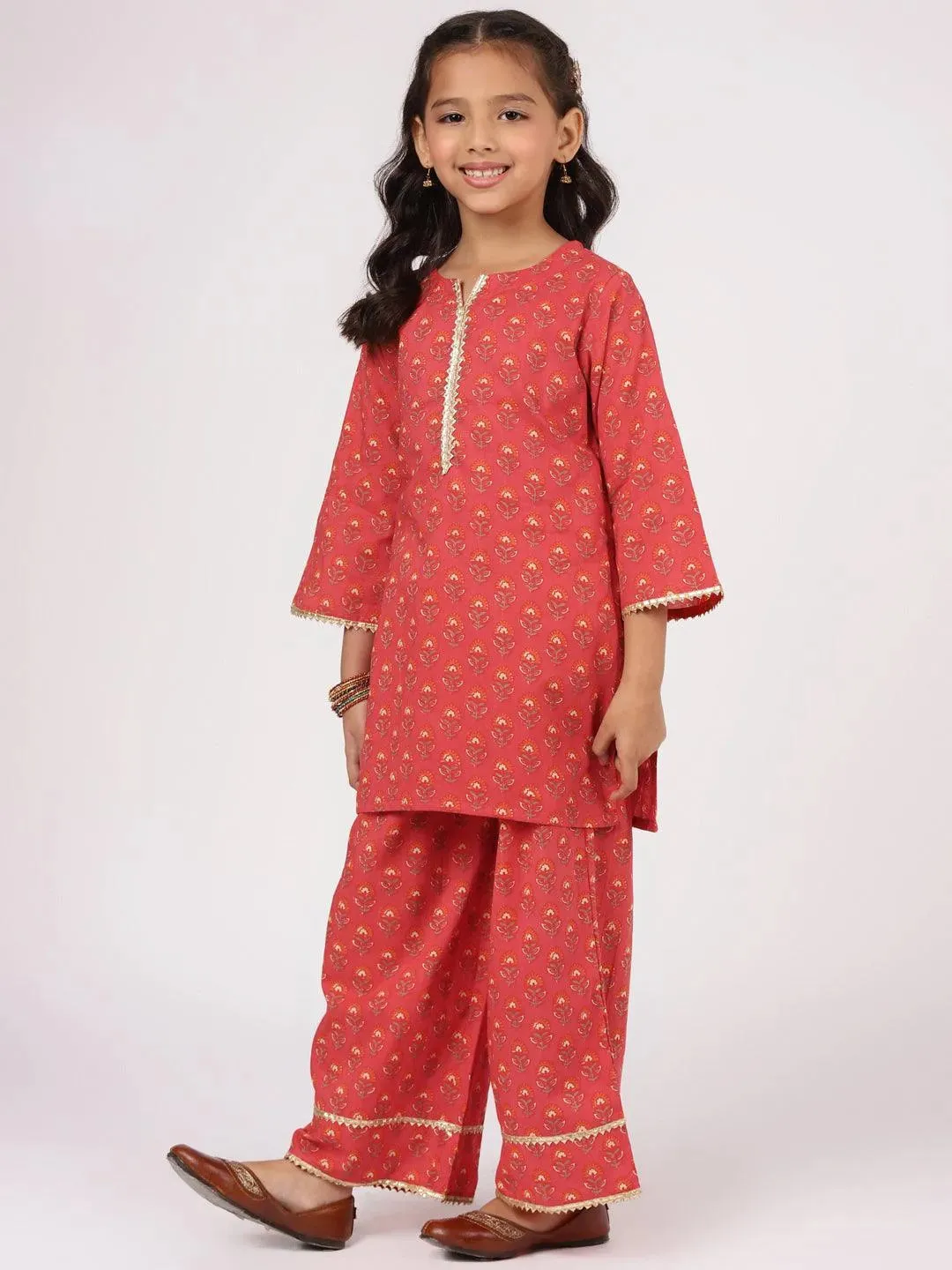 Kids Red Printed Cotton Straight Kurta With Palazzos & Dupatta