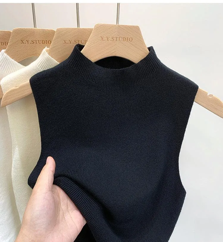 Knitted sweater vest half turtleneck camisole mid-neck sleeveless top
