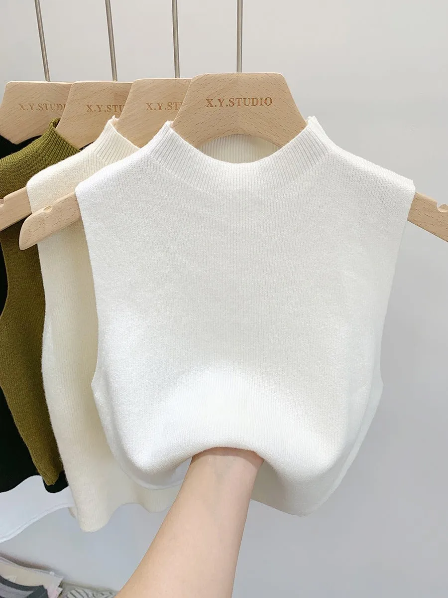 Knitted sweater vest half turtleneck camisole mid-neck sleeveless top